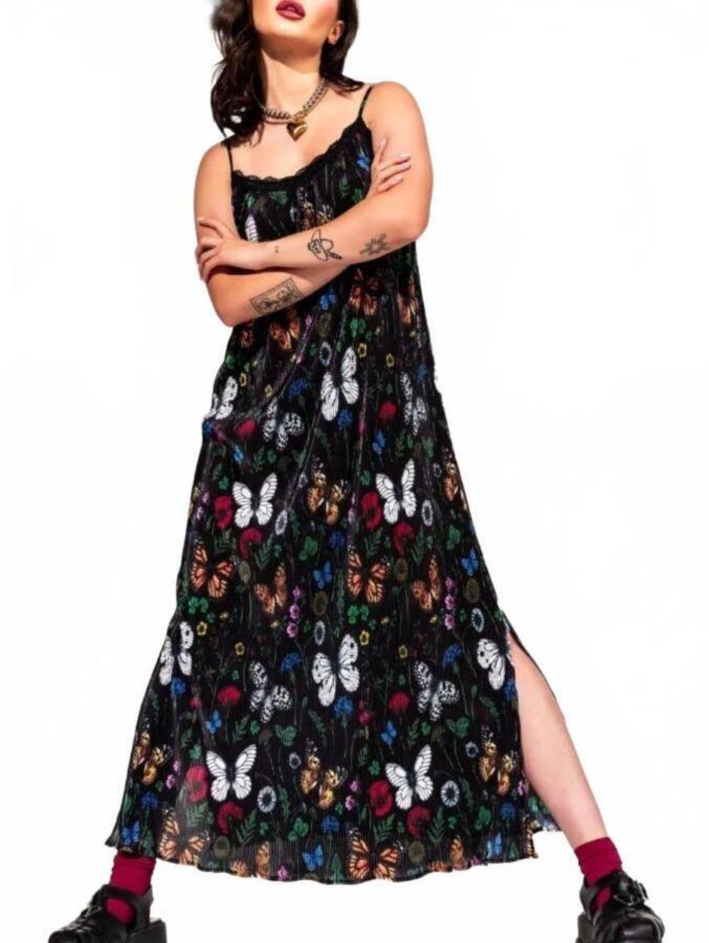 Dressed in Lala Folklore Florals Black Butterfly Plisse Maxi Slip Dress 3X